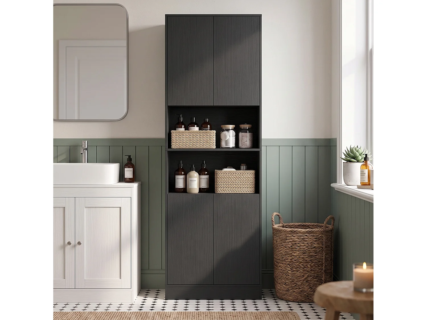 Buffet haut effet bois noir 4 portes 2 étagères 2 niches