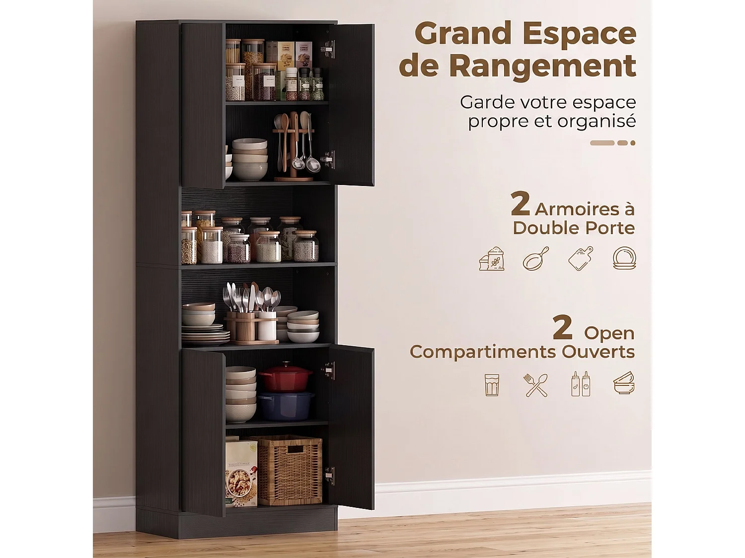 Buffet haut effet bois noir 4 portes 2 étagères 2 niches