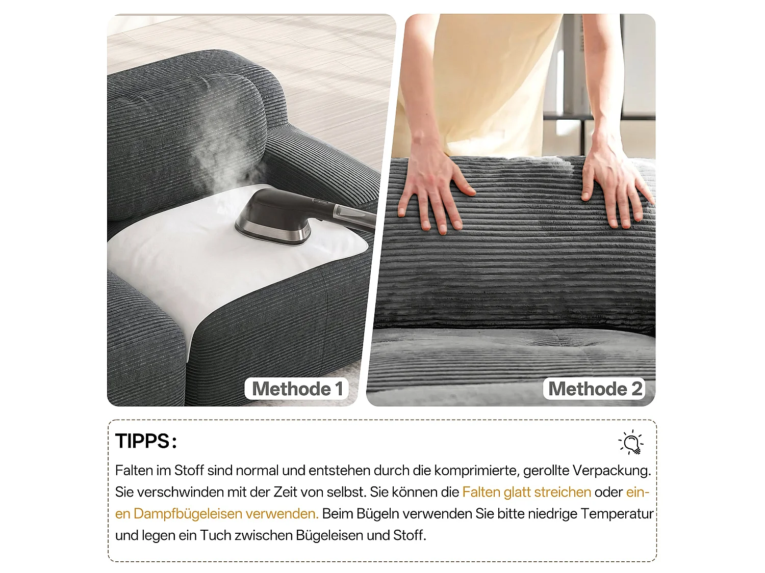 Canapé modulable 4 places en velours côtelé gris et accoudoirs