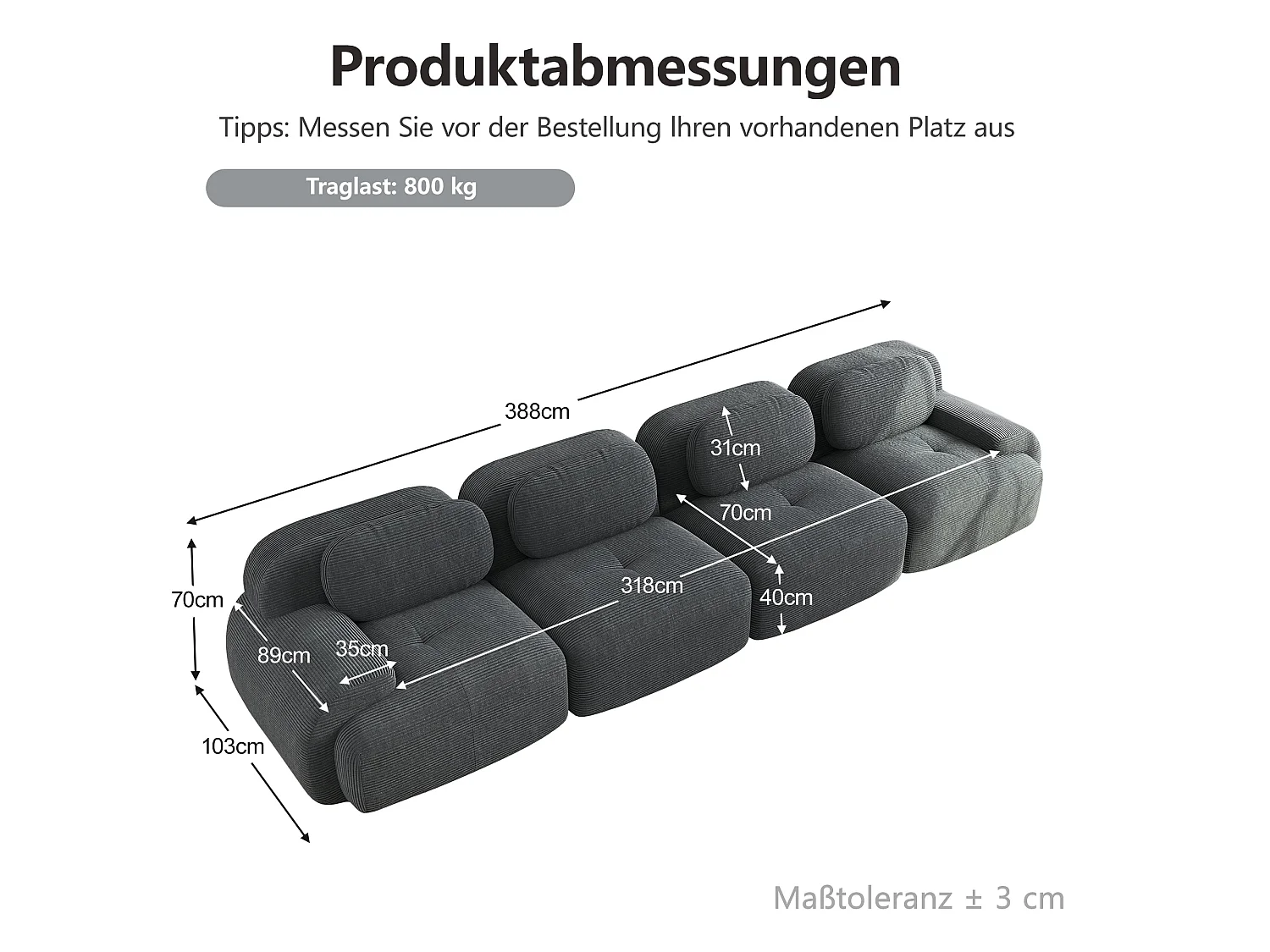 Canapé modulable 4 places en velours côtelé gris et accoudoirs