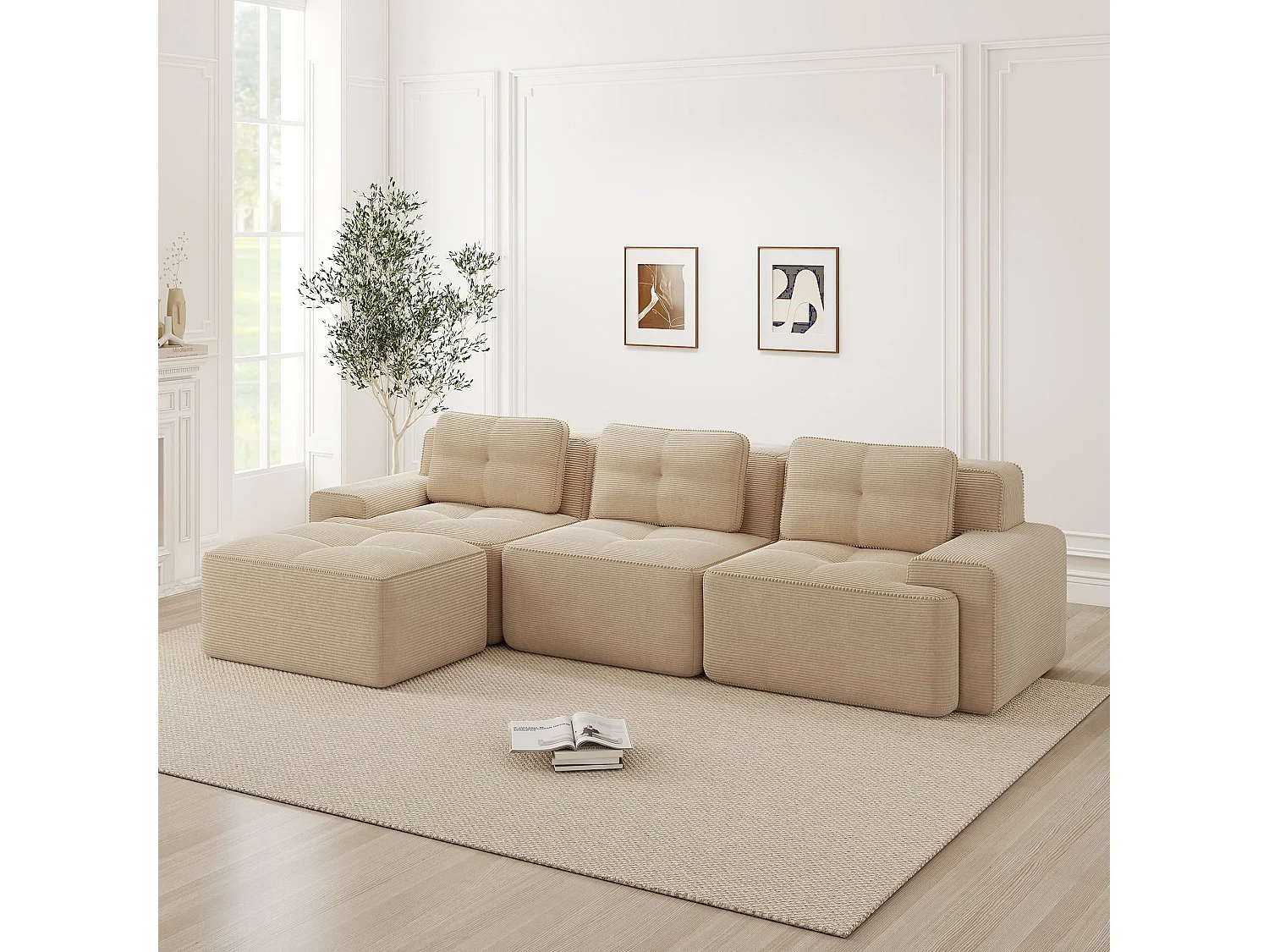 Canapé d'angle modulable 3 places capitonné en velours côtelé beige