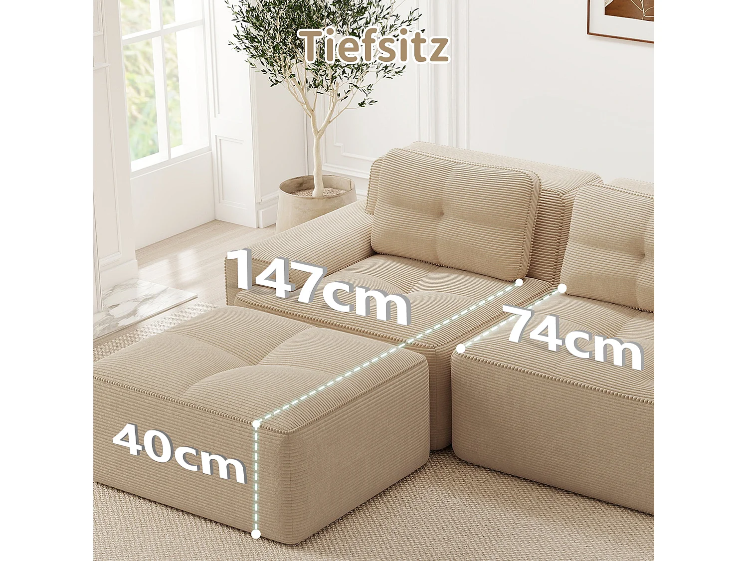 Canapé d'angle modulable 3 places capitonné en velours côtelé beige