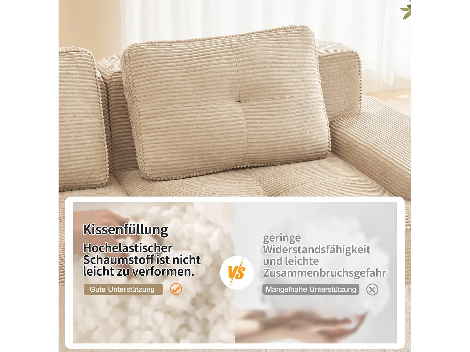 Canapé d'angle modulable 3 places capitonné en velours côtelé beige