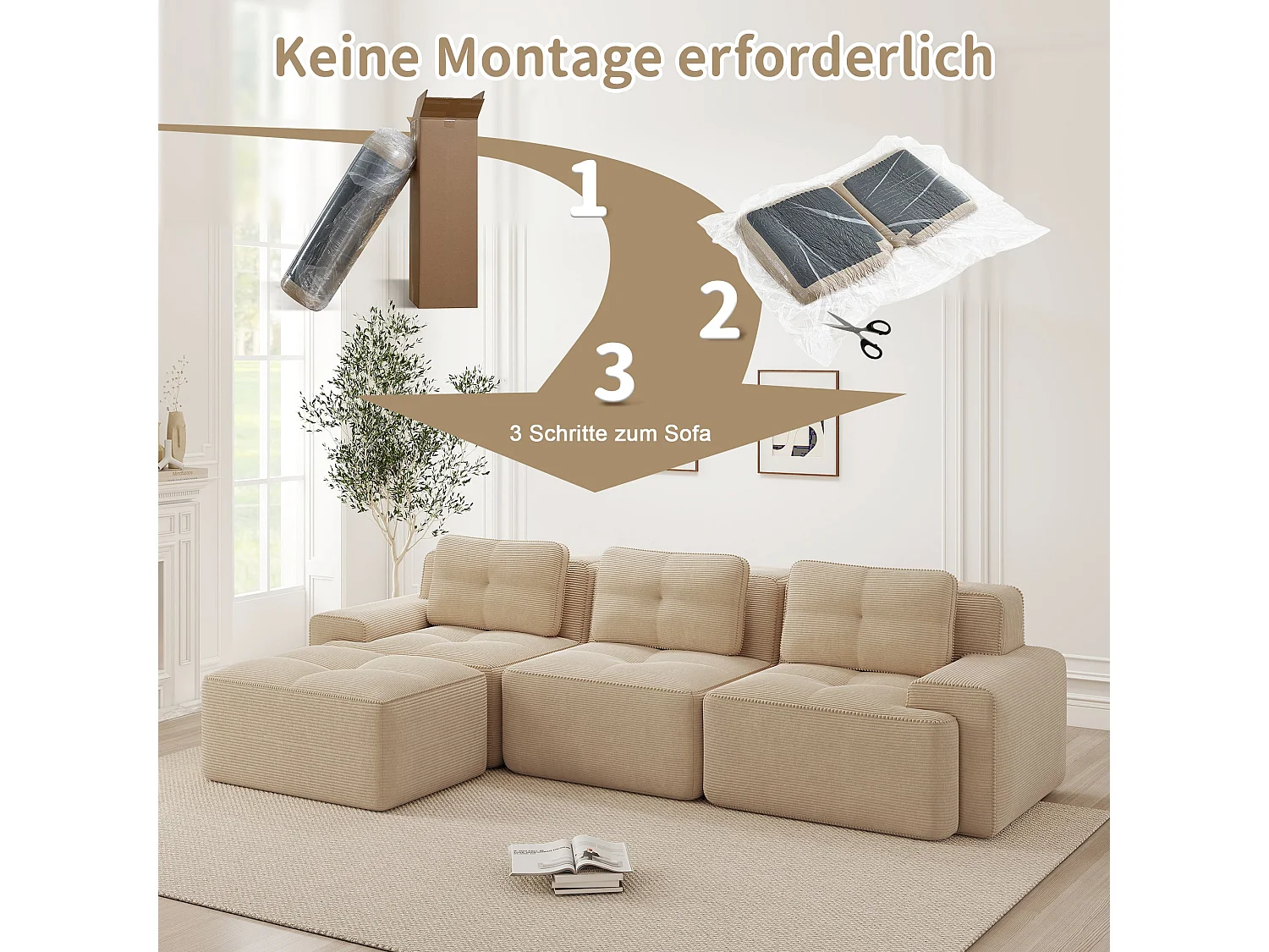 Canapé d'angle modulable 3 places capitonné en velours côtelé beige