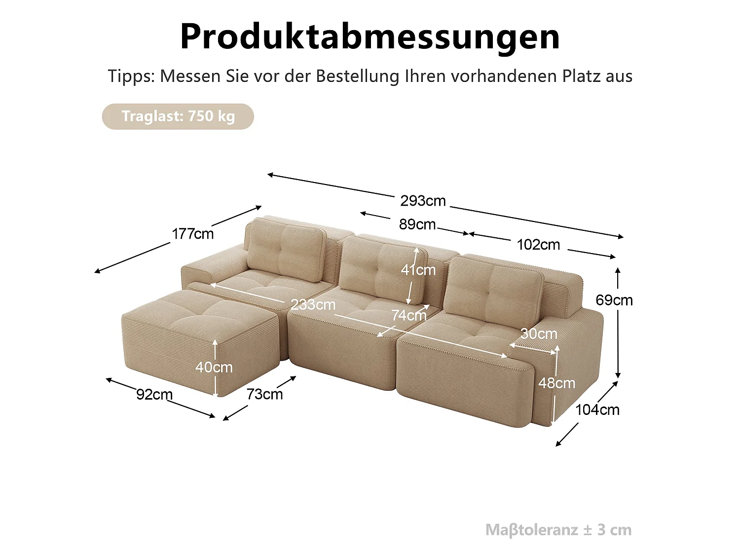 Canapé d'angle modulable 3 places capitonné en velours côtelé beige