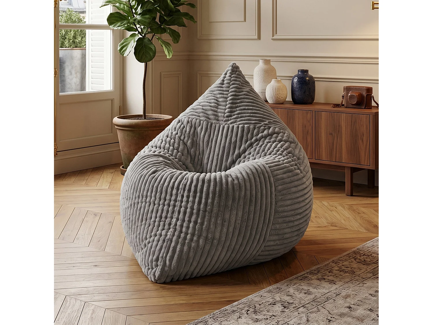 Pouf poire convertible lit flanelle côtelée gris clair déhoussable