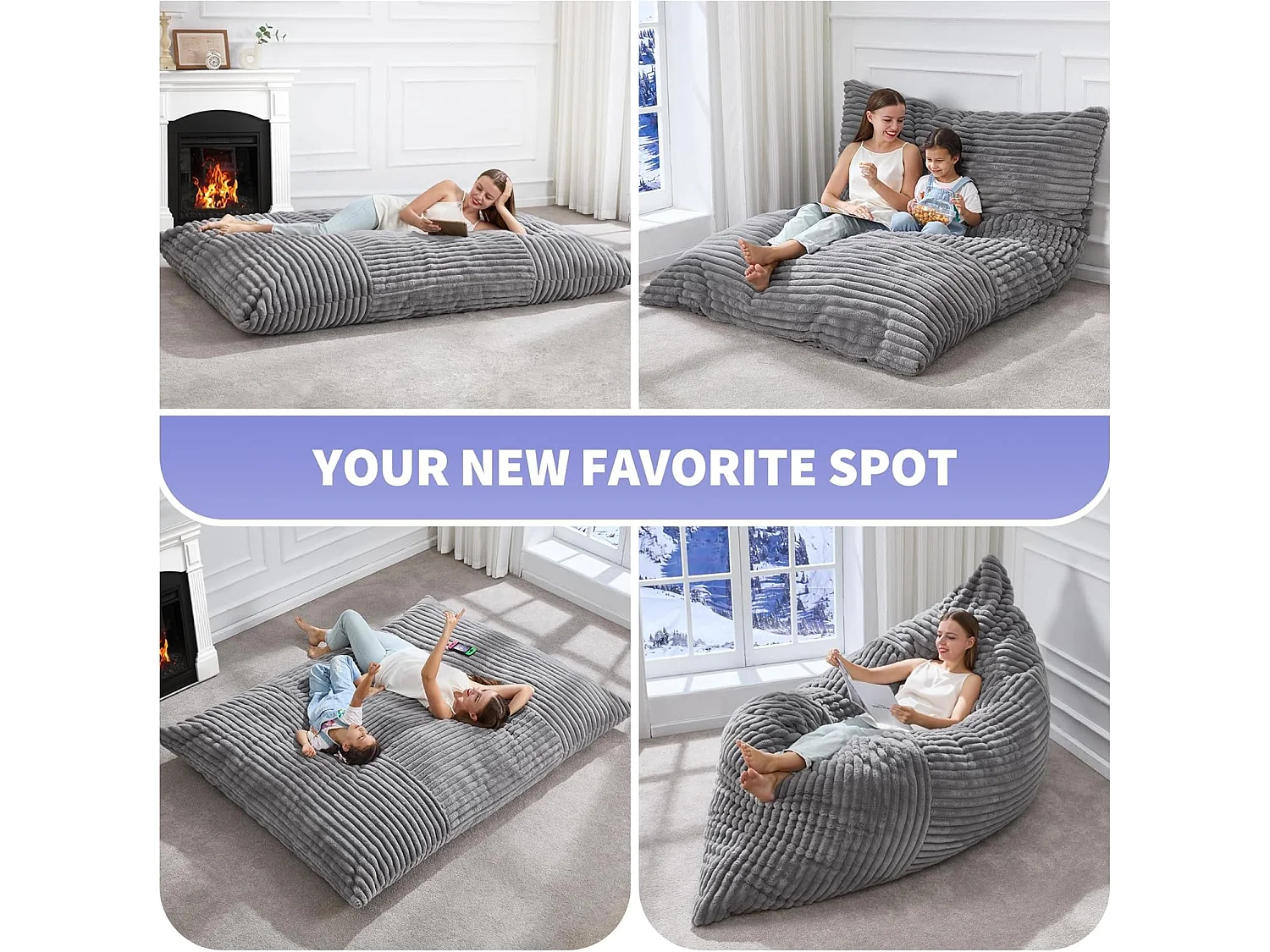 Pouf poire convertible lit flanelle côtelée gris clair déhoussable