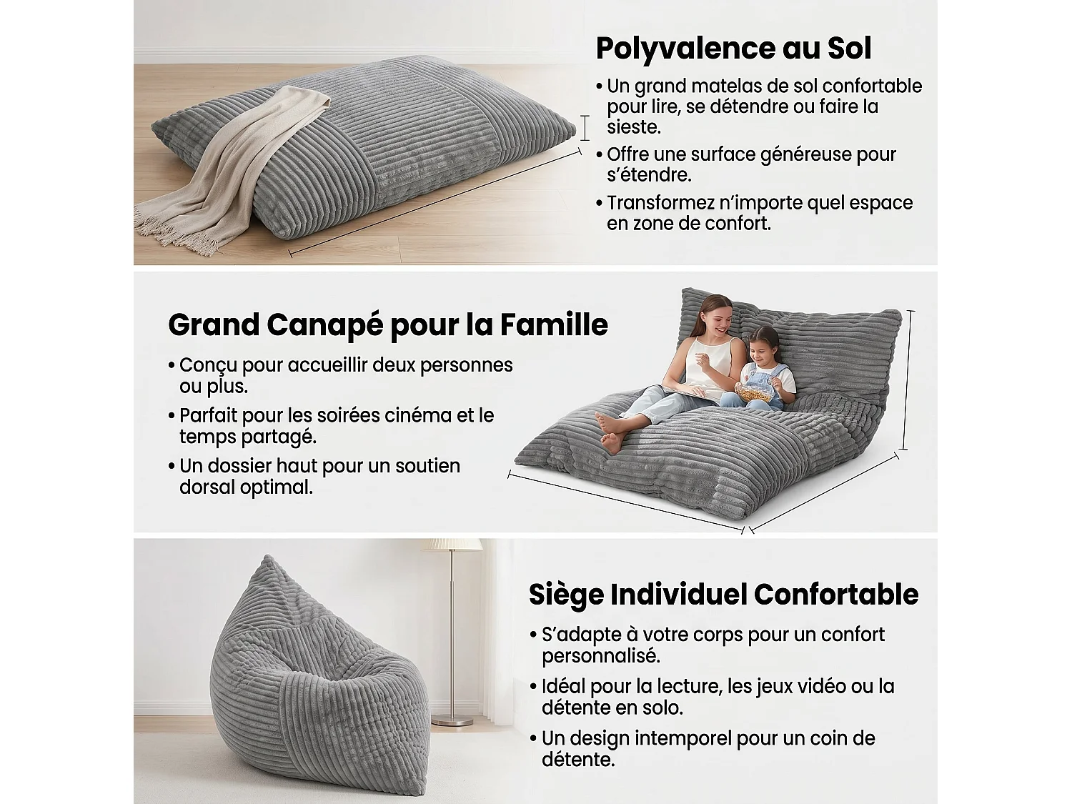 Pouf poire convertible lit flanelle côtelée gris clair déhoussable