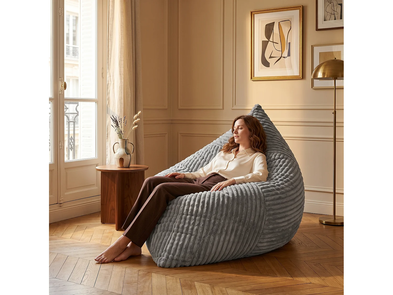 Pouf poire convertible lit flanelle côtelée gris clair déhoussable