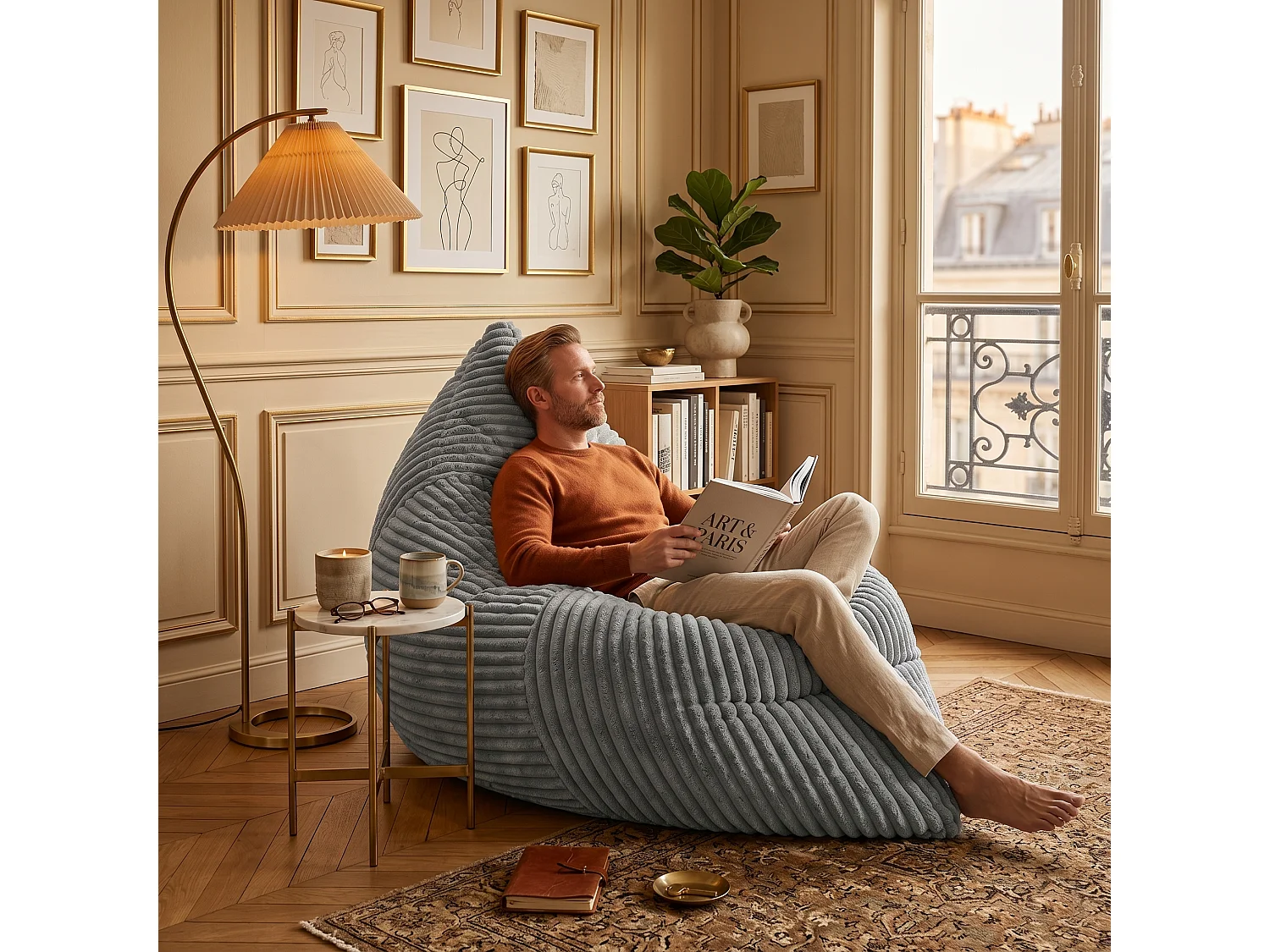 Pouf poire convertible lit flanelle côtelée gris clair déhoussable