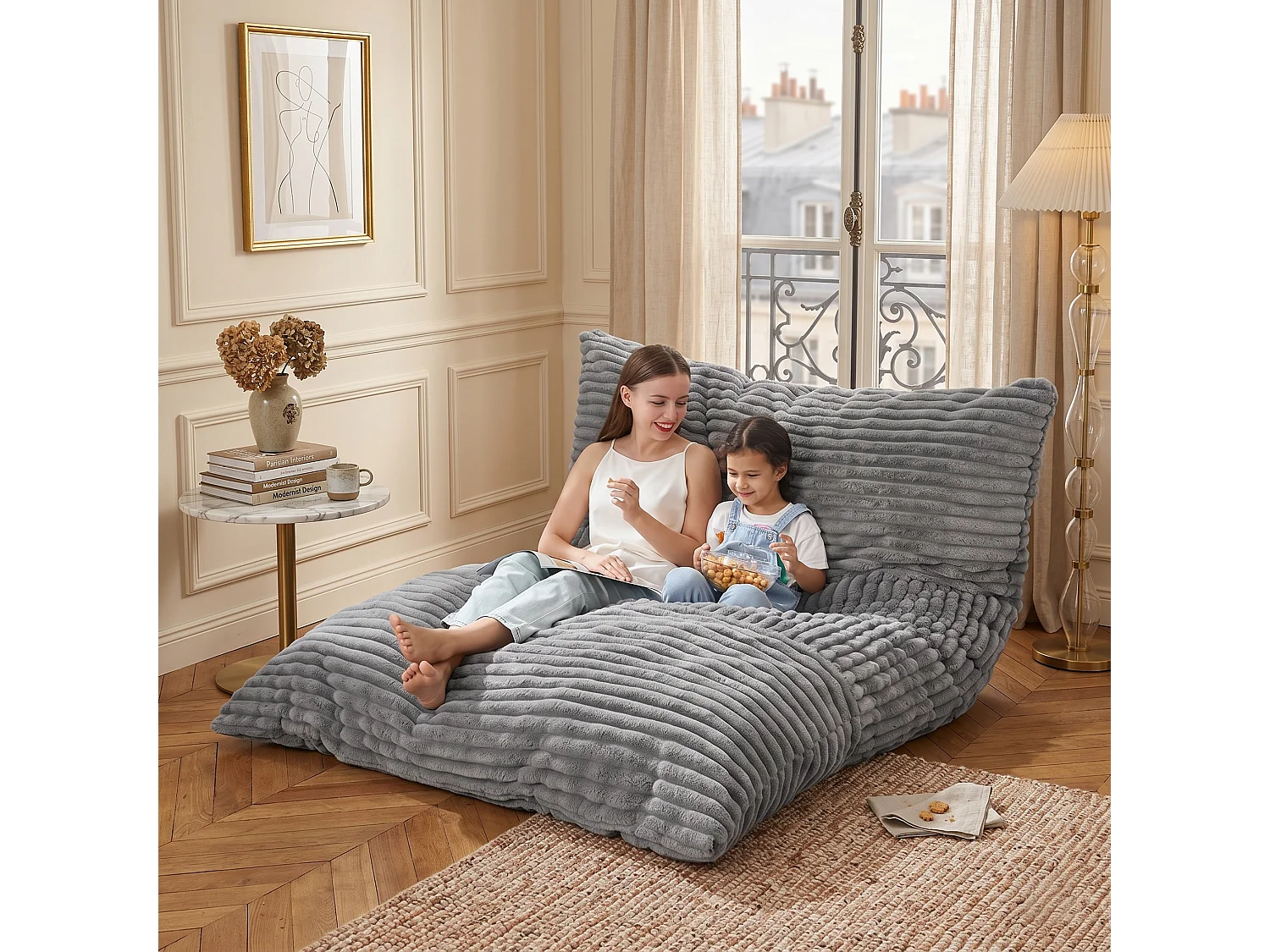 Pouf poire convertible lit flanelle côtelée gris clair déhoussable
