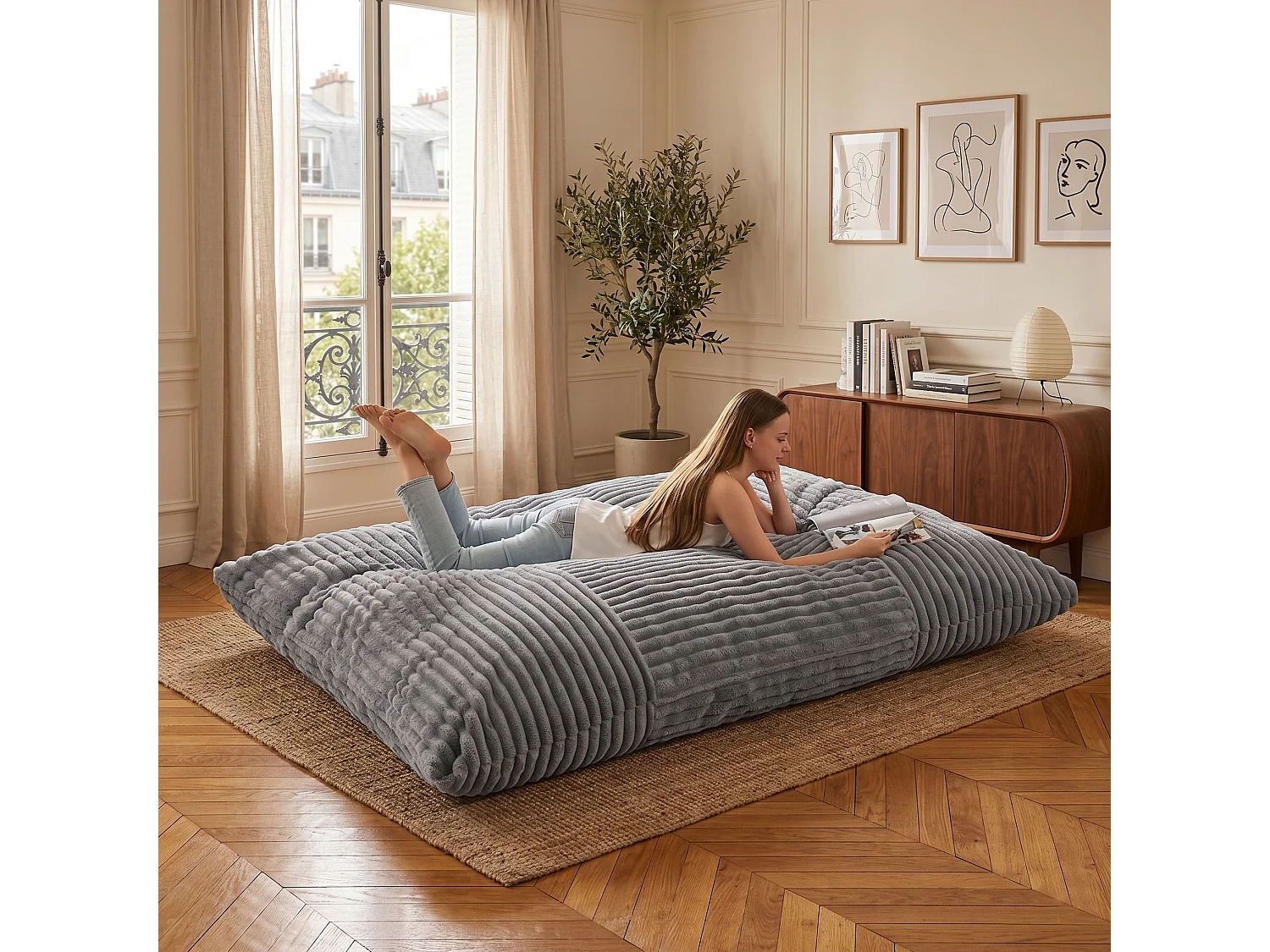 Pouf poire convertible lit flanelle côtelée gris clair déhoussable