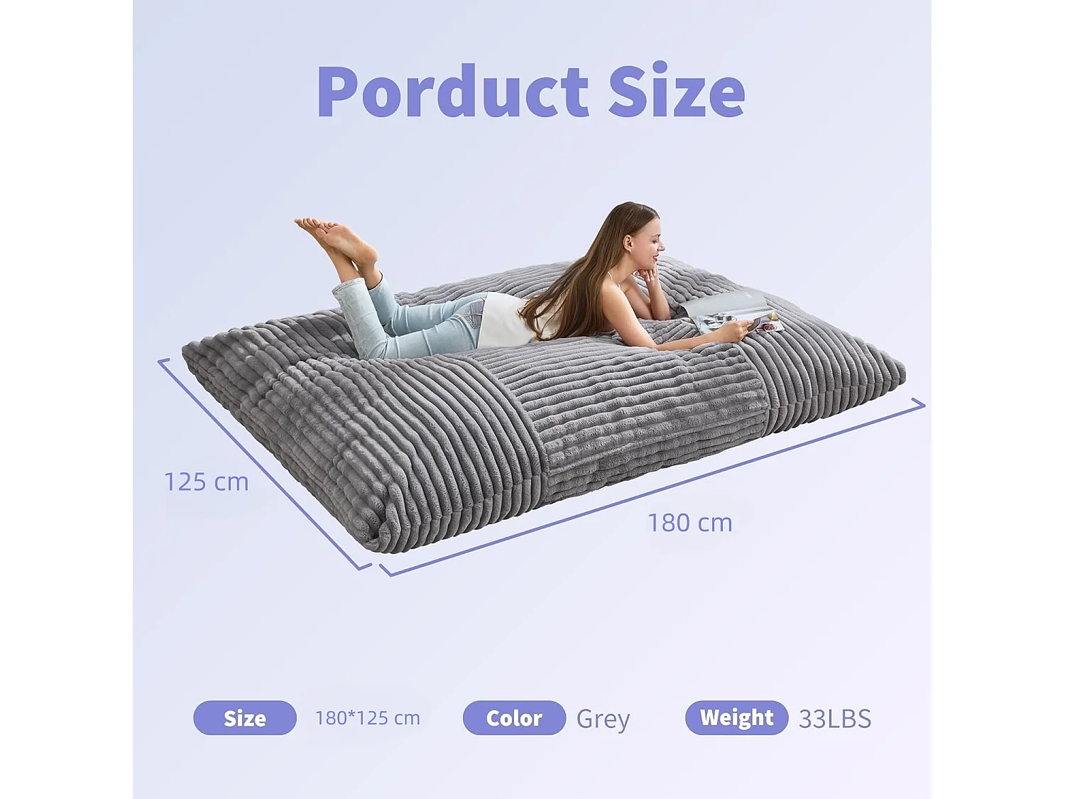 Pouf poire convertible lit flanelle côtelée gris clair déhoussable