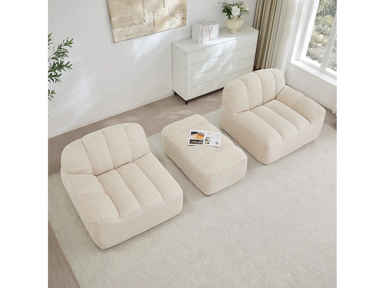 Canapé modulaire 2 places beige blanc avec pouf , tissu polaire