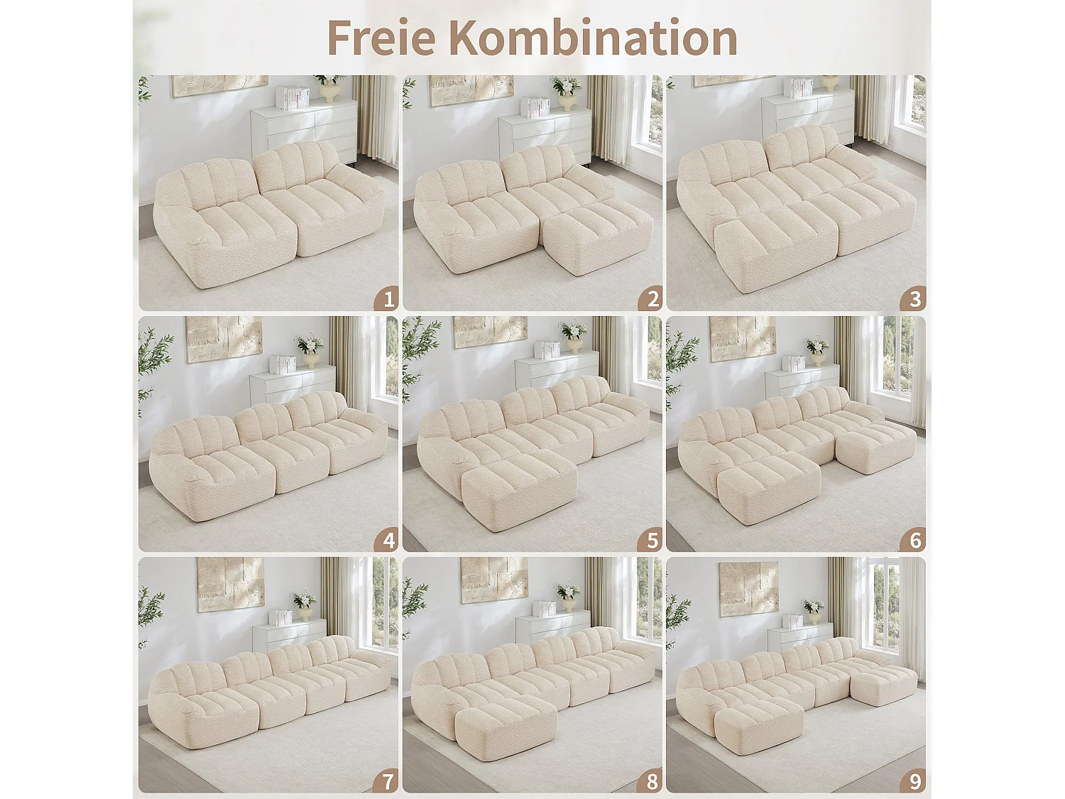Canapé modulaire 2 places beige blanc avec pouf , tissu polaire