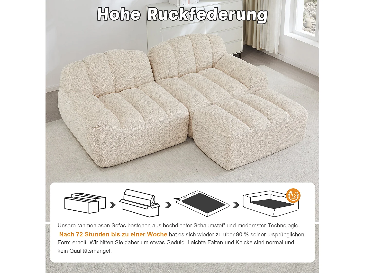 Canapé modulaire 2 places beige blanc avec pouf , tissu polaire
