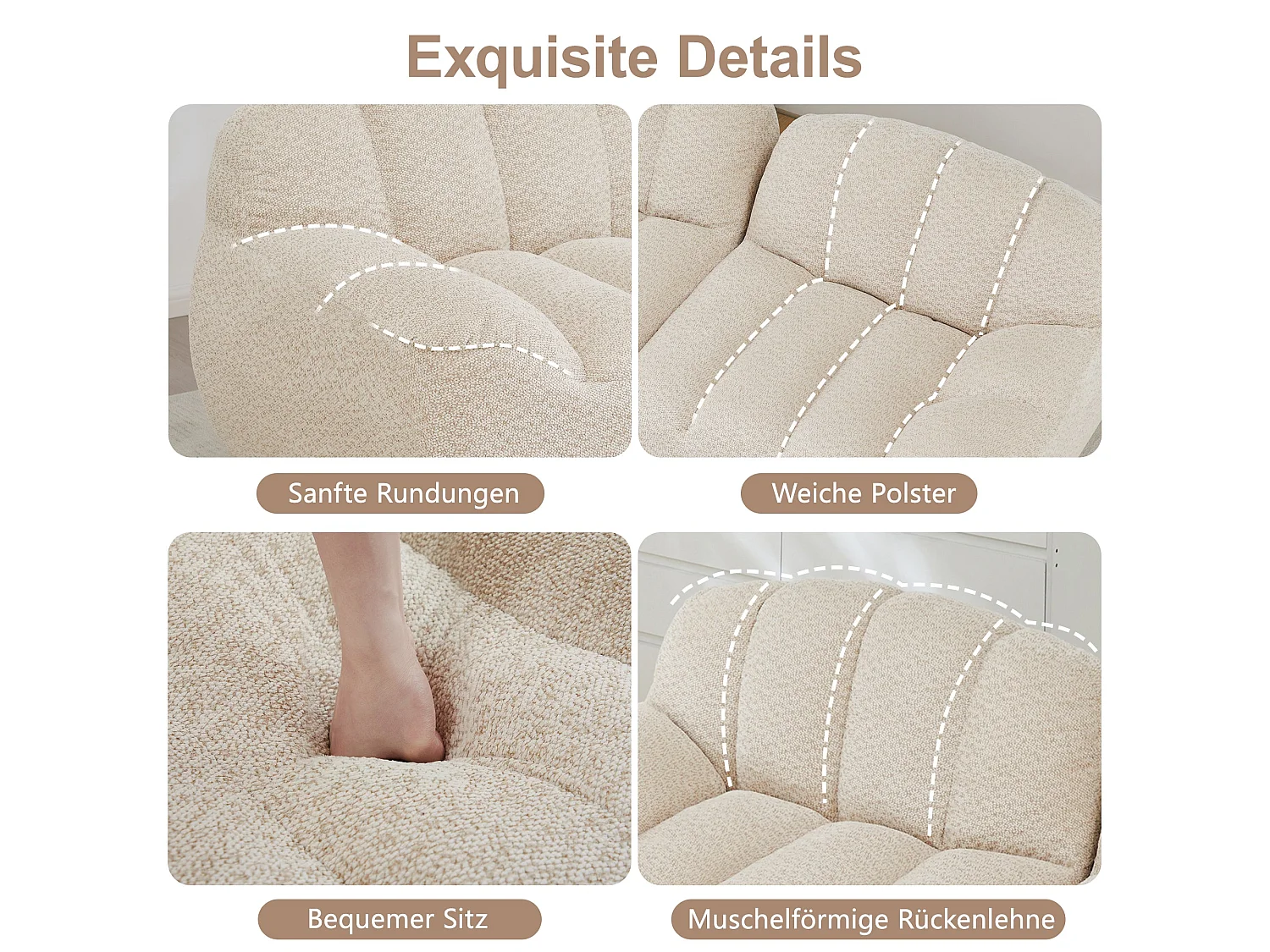 Canapé modulaire 2 places beige blanc avec pouf , tissu polaire