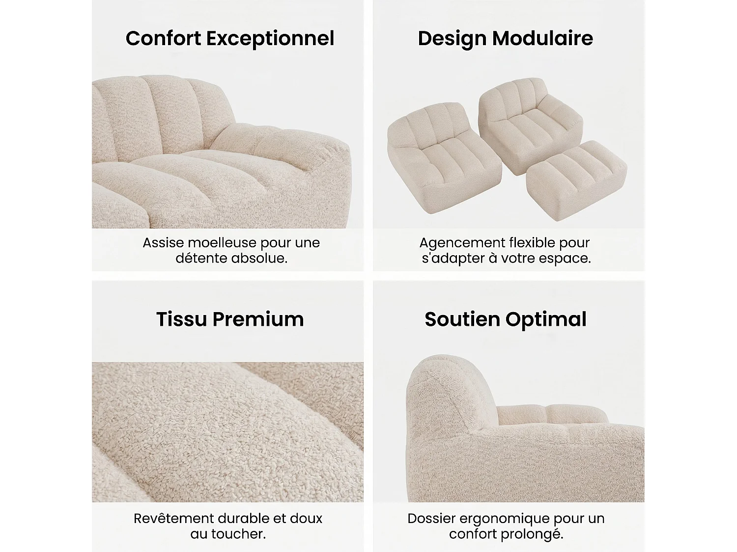 Canapé modulaire 2 places beige blanc avec pouf , tissu polaire