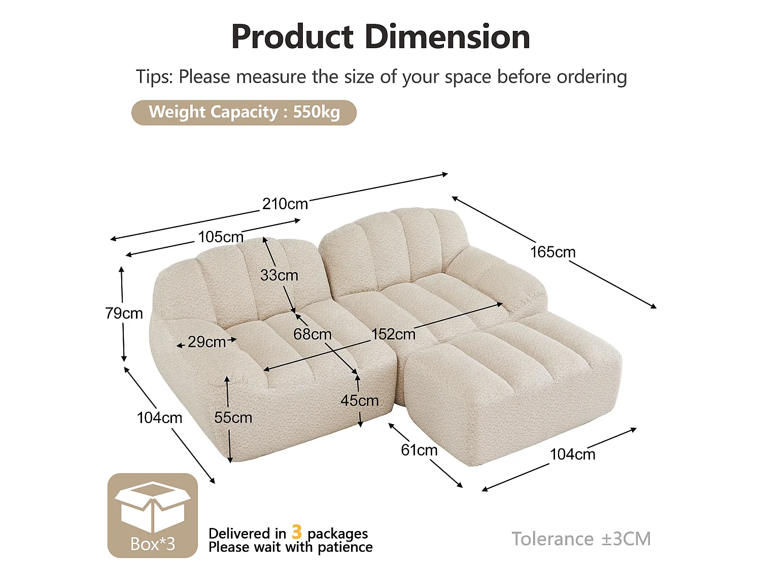Canapé modulaire 2 places beige blanc avec pouf , tissu polaire