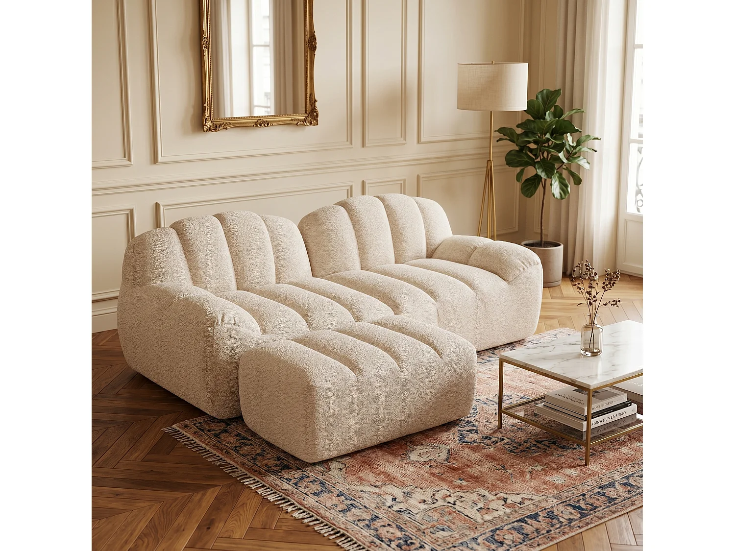 Canapé modulaire 2 places beige blanc avec pouf , tissu polaire