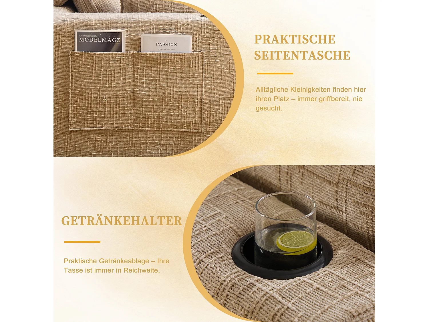 Canapé modulable 3 places avec pouf et coussins tissu chenille kaki