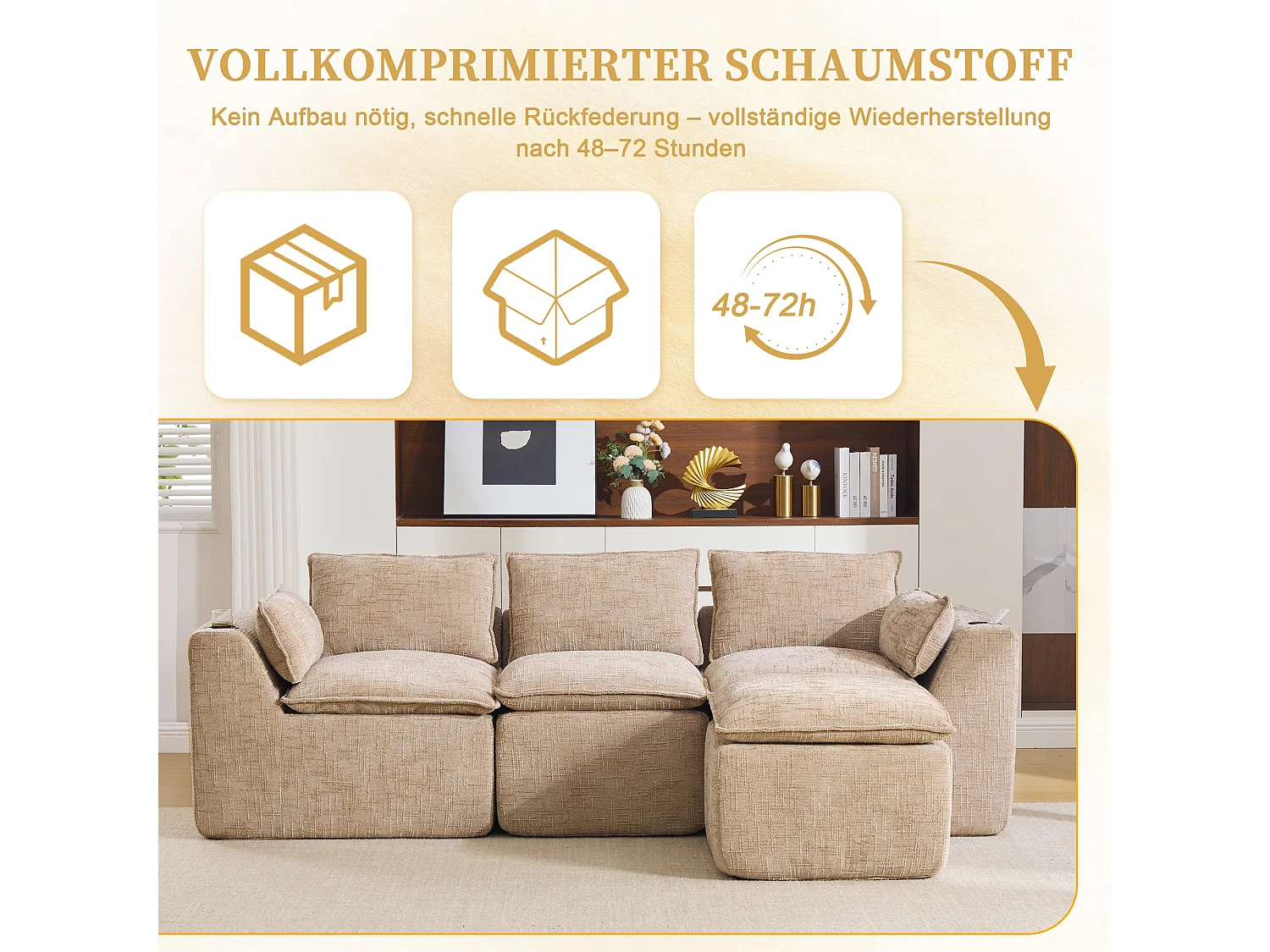 Canapé modulable 3 places avec pouf et coussins tissu chenille kaki