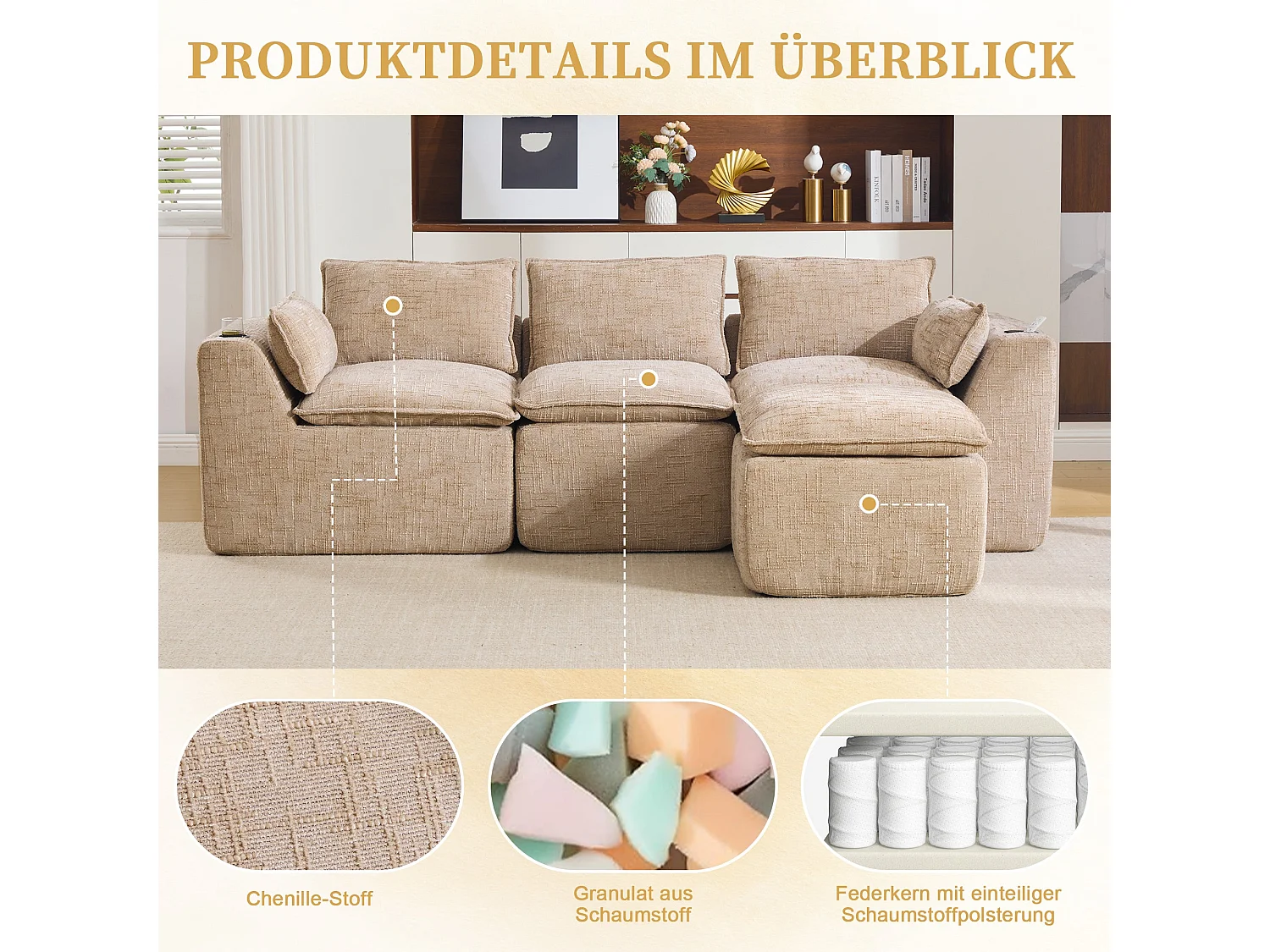 Canapé modulable 3 places avec pouf et coussins tissu chenille kaki