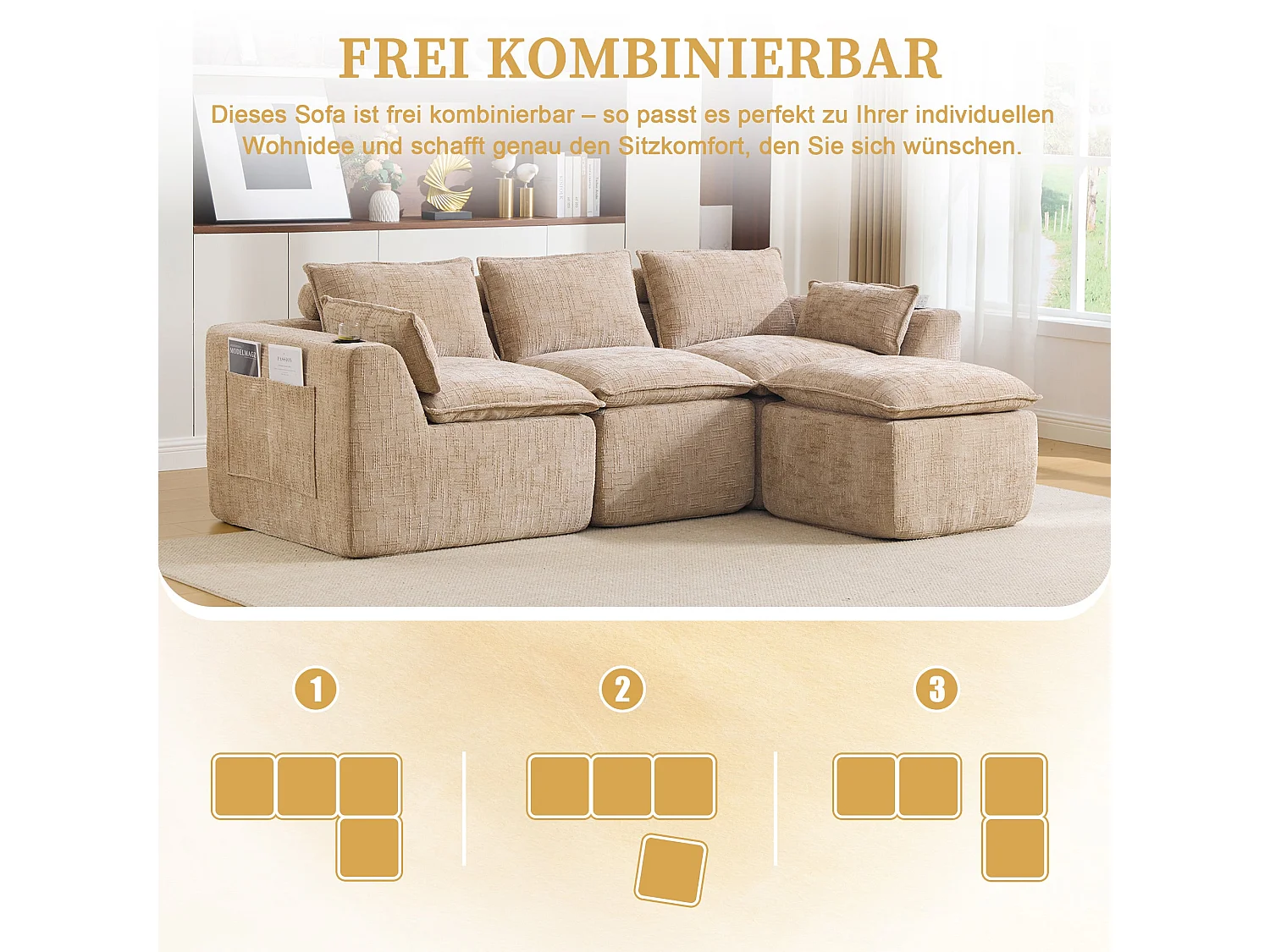 Canapé modulable 3 places avec pouf et coussins tissu chenille kaki