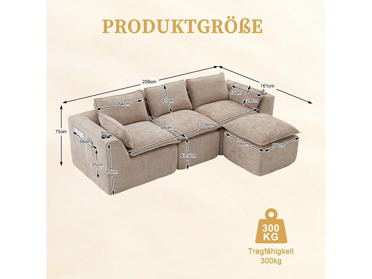 Canapé modulable 3 places avec pouf et coussins tissu chenille kaki