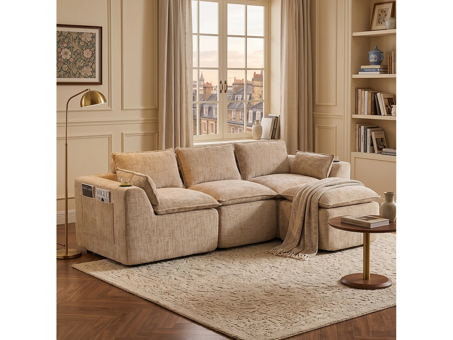 Canapé modulable 3 places avec pouf et coussins tissu chenille kaki
