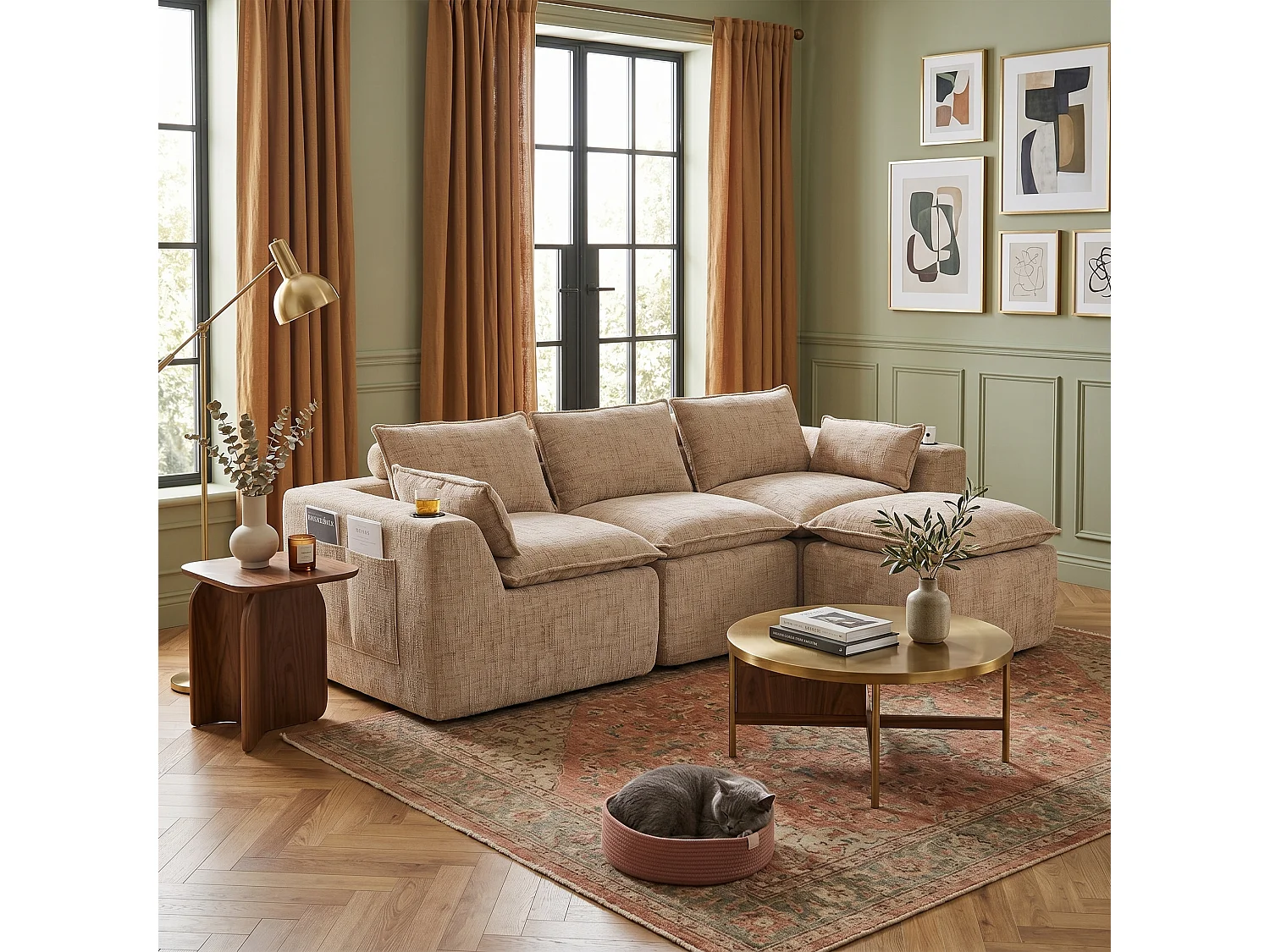 Canapé modulable 3 places avec pouf et coussins tissu chenille kaki