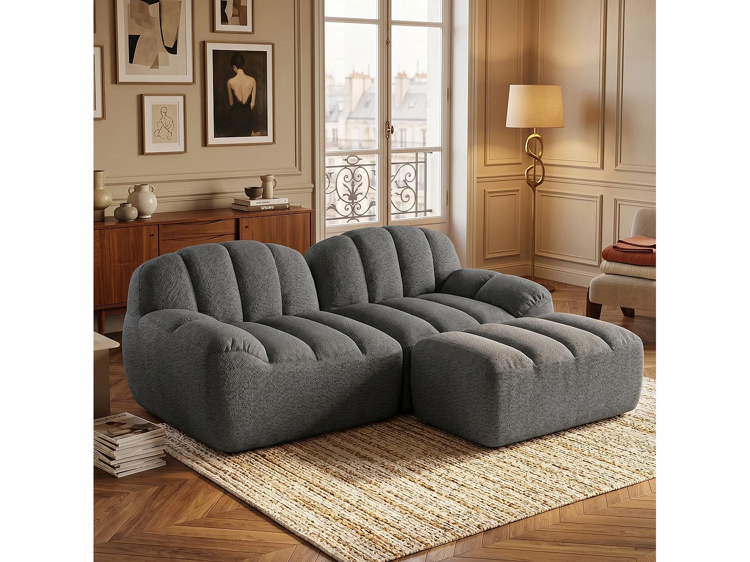 Canapé modulaire 2 places gris avec pouf , tissu polaire