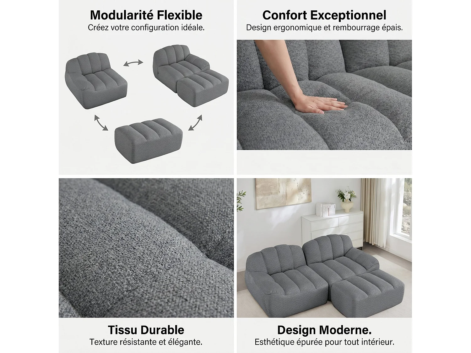 Canapé modulaire 2 places gris avec pouf , tissu polaire