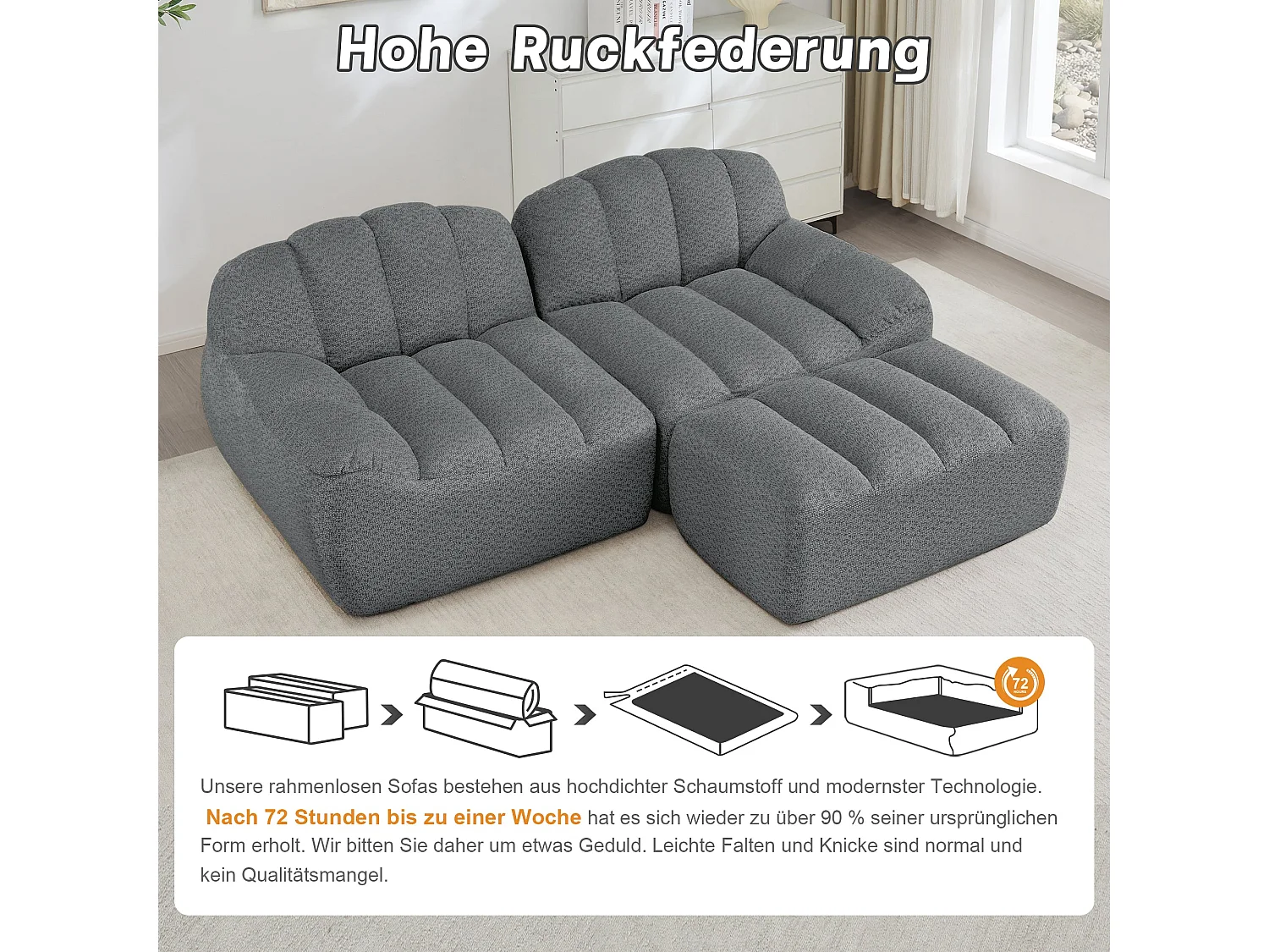 Canapé modulaire 2 places gris avec pouf , tissu polaire