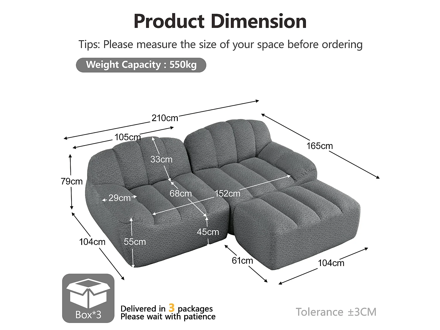 Canapé modulaire 2 places gris avec pouf , tissu polaire