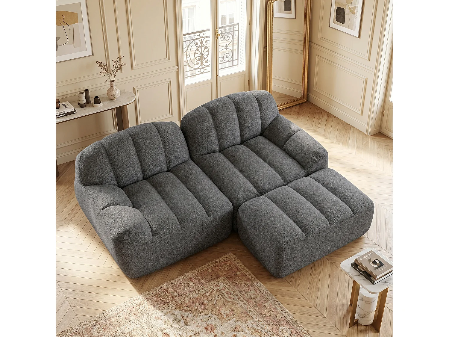 Canapé modulaire 2 places gris avec pouf , tissu polaire
