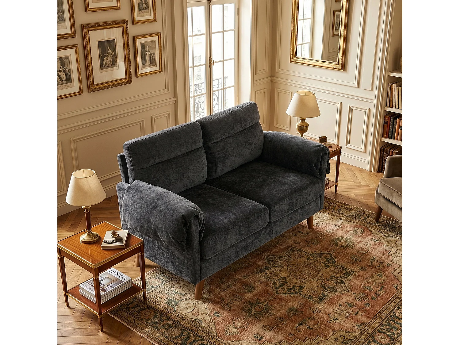Canapé 2 places compact en chenille douce noire 124x70x85cm
