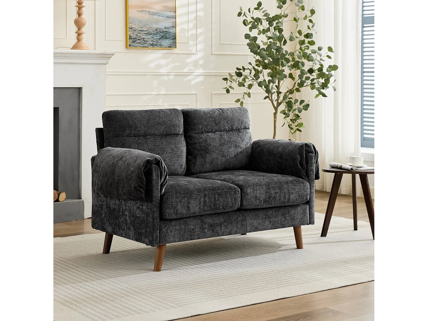 Canapé 2 places compact en chenille douce noire 124x70x85cm