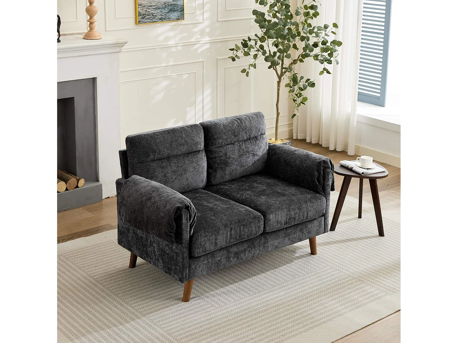 Canapé 2 places compact en chenille douce noire 124x70x85cm