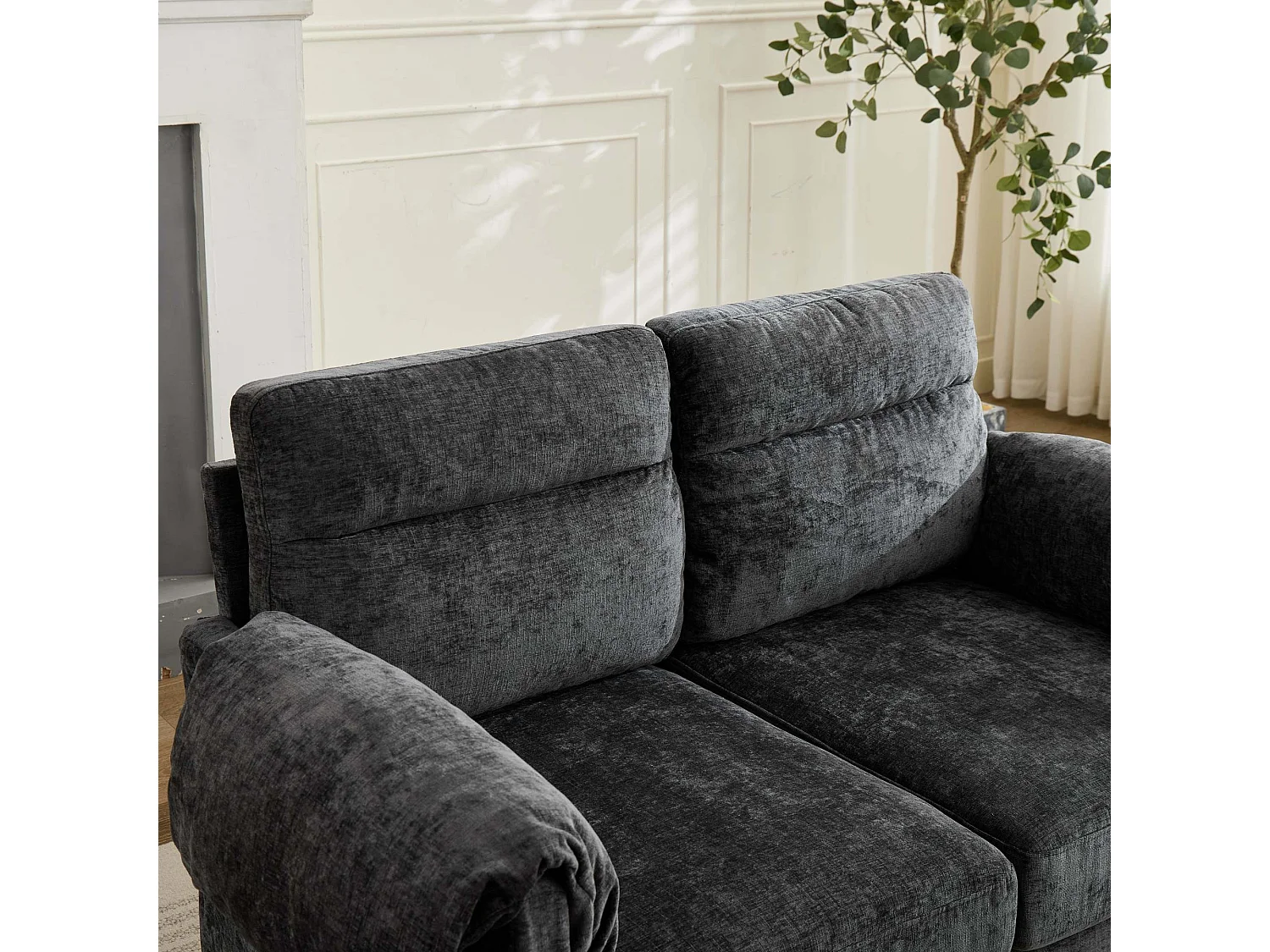 Canapé 2 places compact en chenille douce noire 124x70x85cm