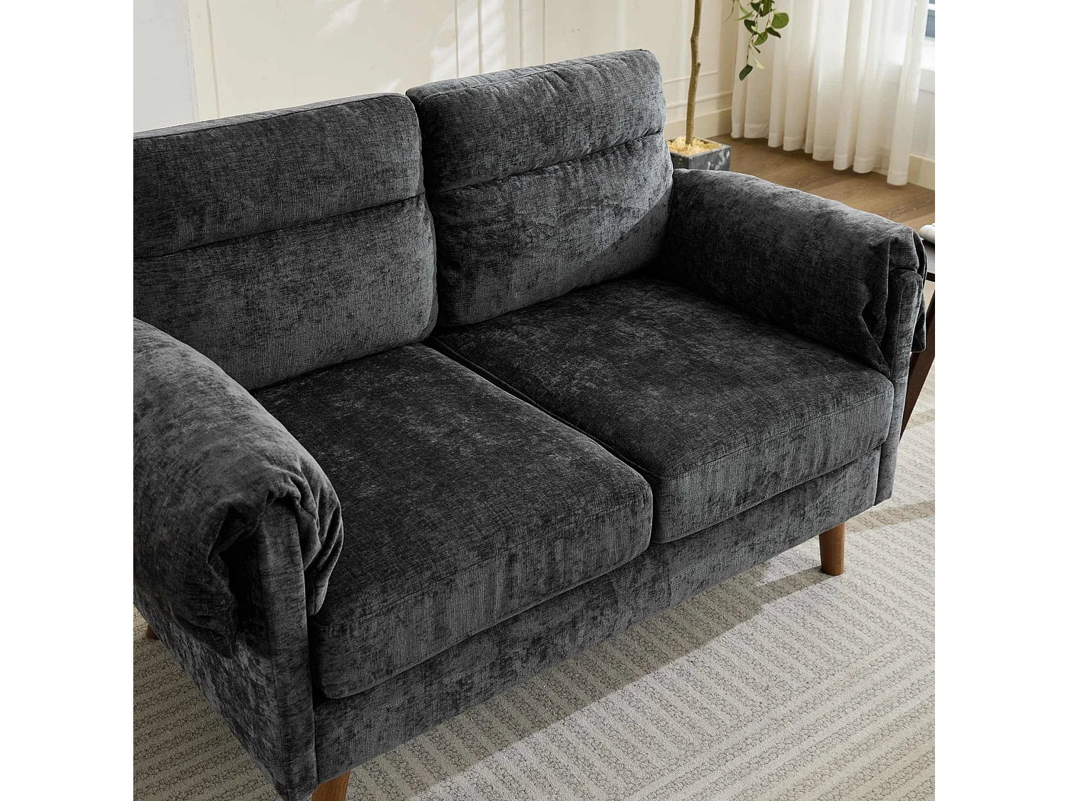 Canapé 2 places compact en chenille douce noire 124x70x85cm