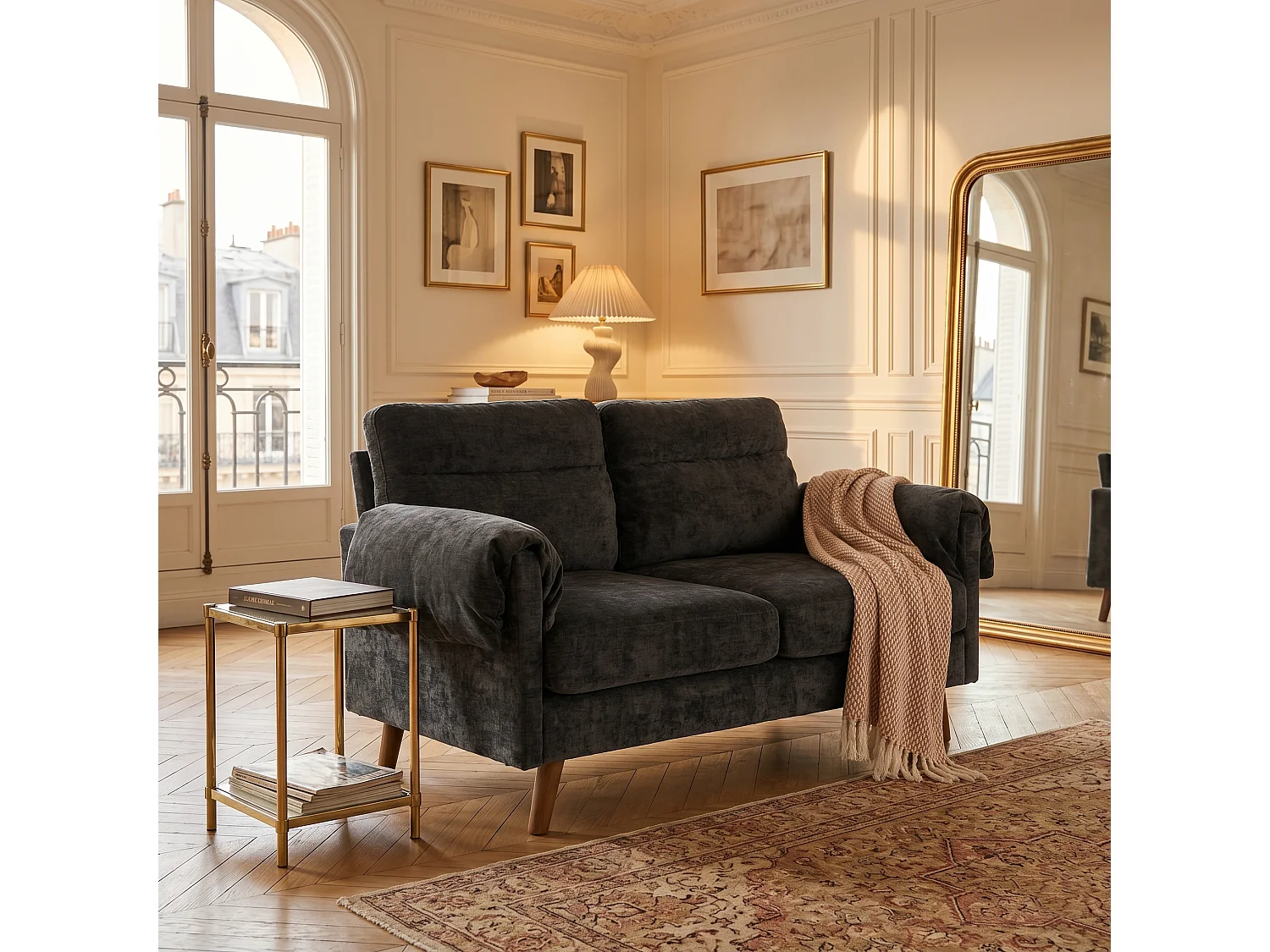 Canapé 2 places compact en chenille douce noire 124x70x85cm
