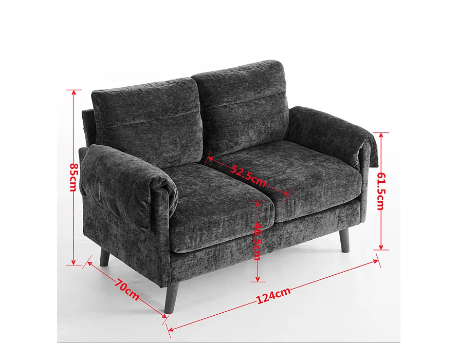 Canapé 2 places compact en chenille douce noire 124x70x85cm