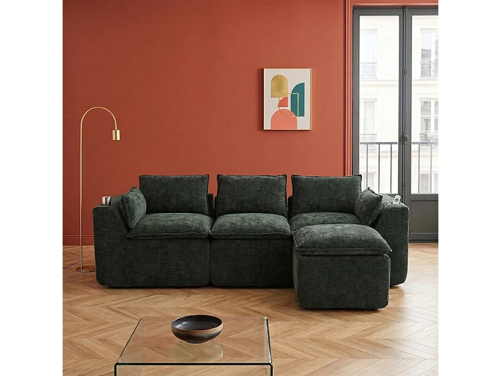 Canapé modulable 3 places avec pouf, tissu chenille vert foncé