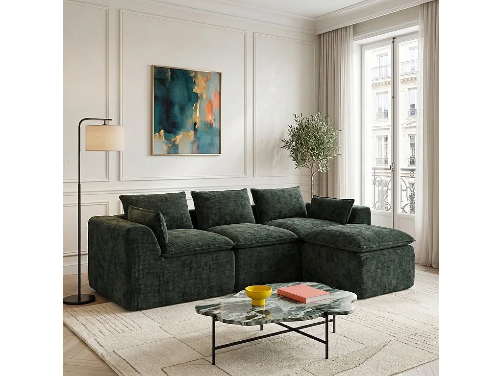 Canapé modulable 3 places avec pouf, tissu chenille vert foncé