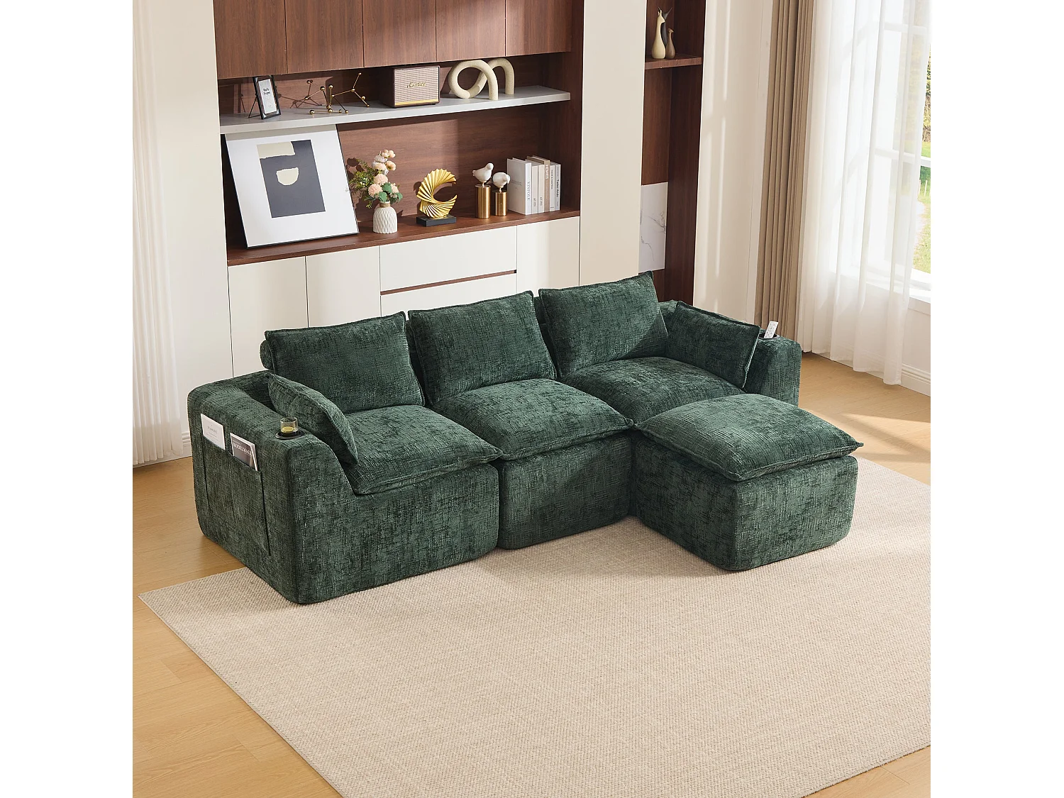 Canapé modulable 3 places avec pouf, tissu chenille vert foncé