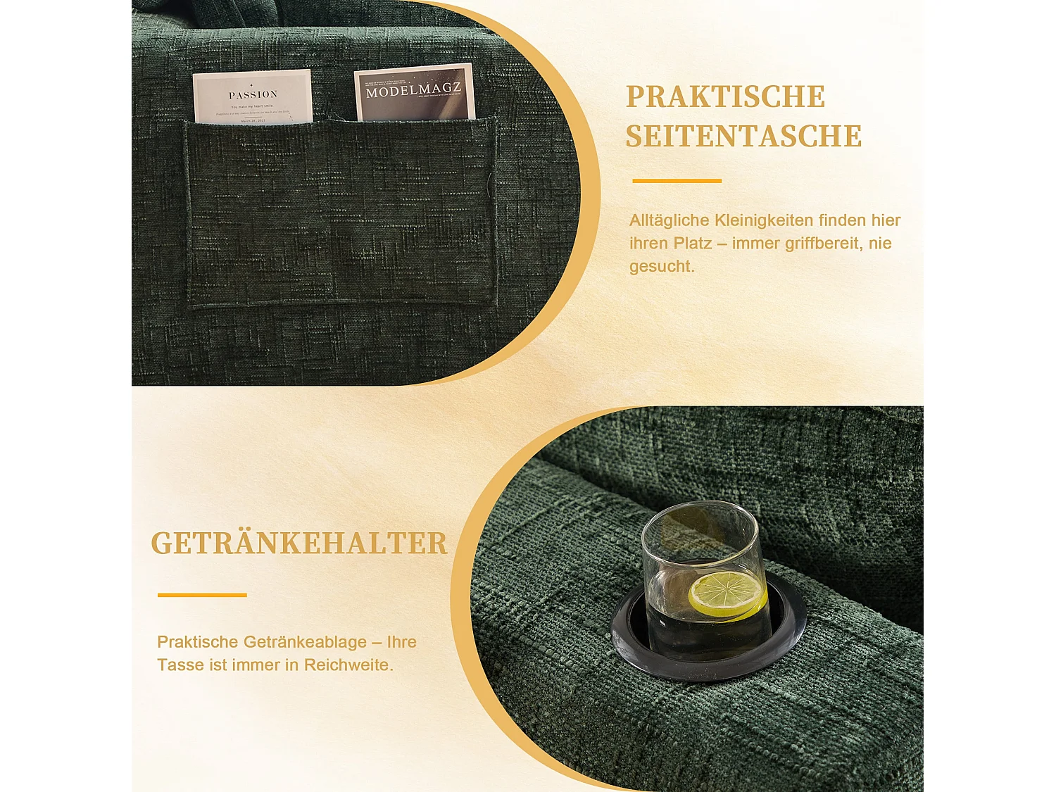 Canapé modulable 3 places avec pouf, tissu chenille vert foncé