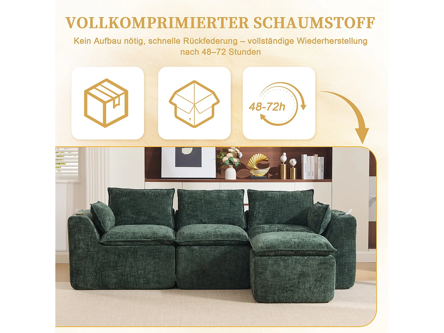 Canapé modulable 3 places avec pouf, tissu chenille vert foncé