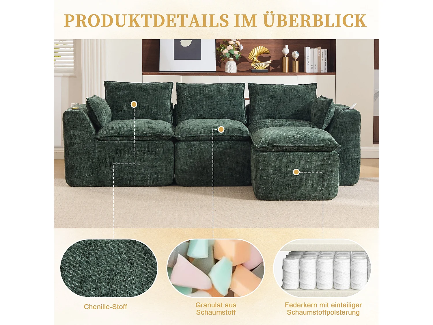 Canapé modulable 3 places avec pouf, tissu chenille vert foncé