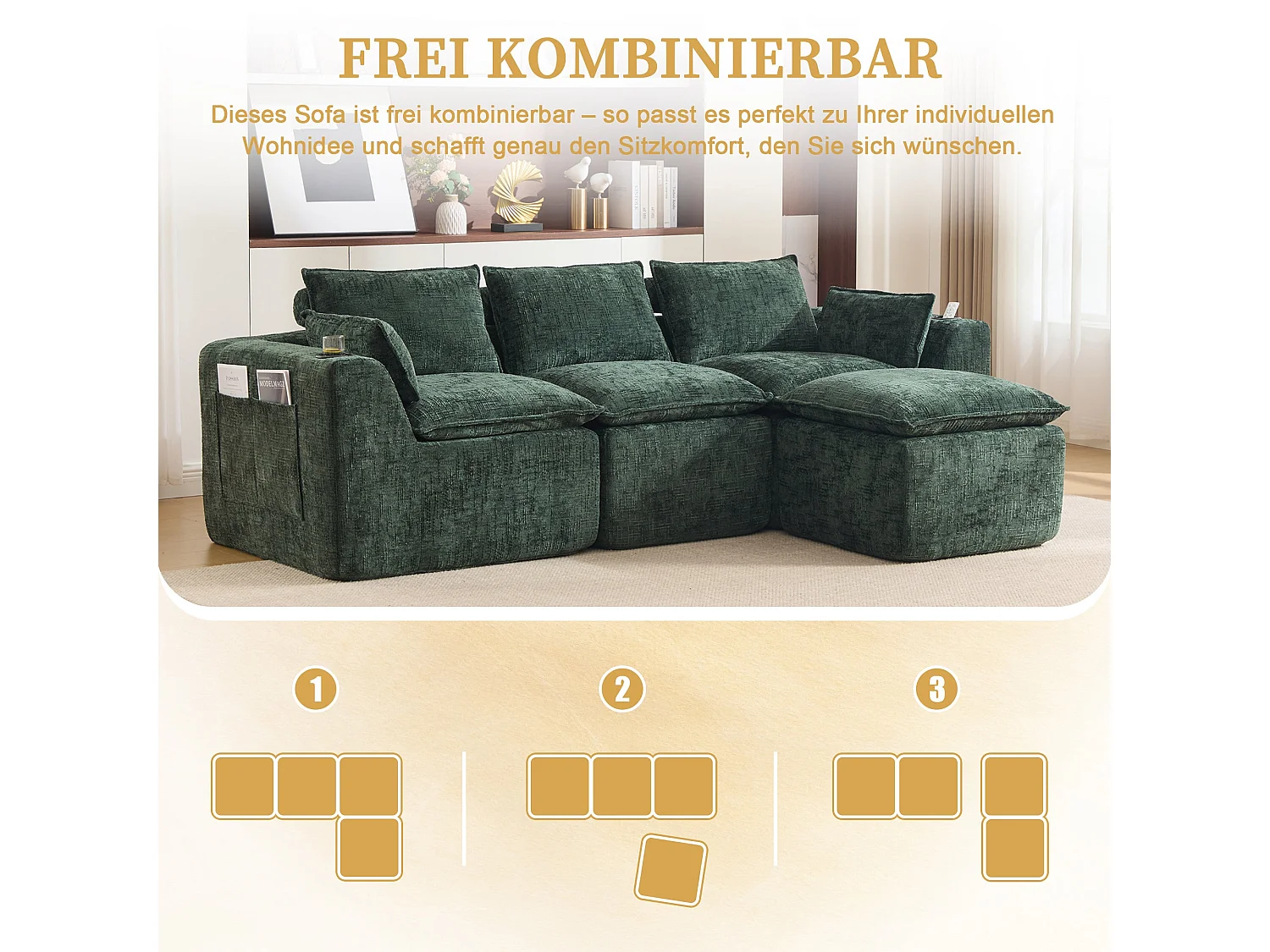Canapé modulable 3 places avec pouf, tissu chenille vert foncé